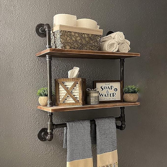 MBQQ Shelving Bathroom Pipe Shelves with Towel Bar Over Toilet, 24 inch Pine Wood Floating Shelves for Wall Mounted Bedroom,Kitchen, Farmhouse, Living Room