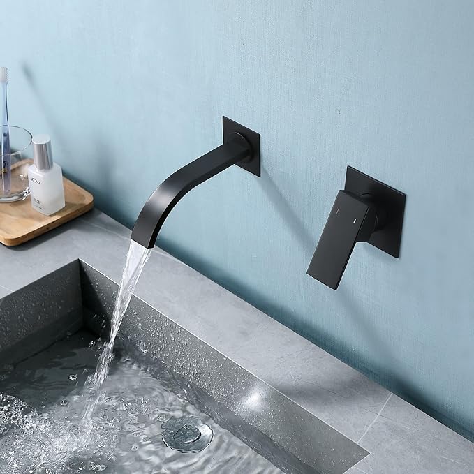 Wall Mount Faucet for Sink Matte Black Bathroom Faucet with Single Handle and Rough-in Valve
