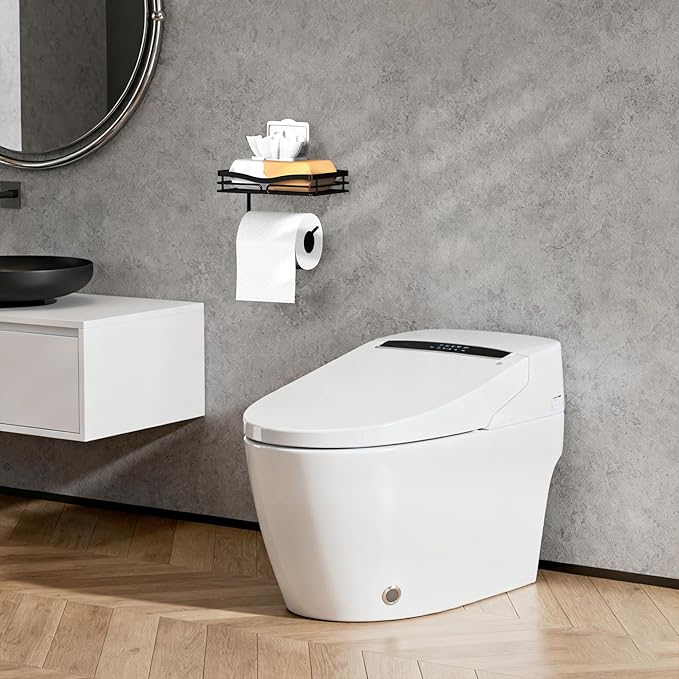 YIGII Toilet Paper Holder with Shelf, Adhesive or Drilling Tissue Roll Holder for Bathroom, Rustproof Toilet Roll Holder Wall Mounted for Phone, Wipe Storage (Matte Black)