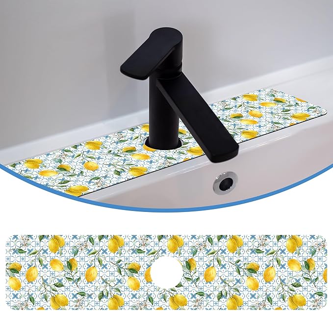 Faucet Mat for Kitchen Sink Sicilian Watercolor Lemon Blue Tile, Soft Diatom Mud Material, Strong Water Absorption, Non-slip, Easy to Clean for Bathroom, Kitchen 23.5"X5.5"