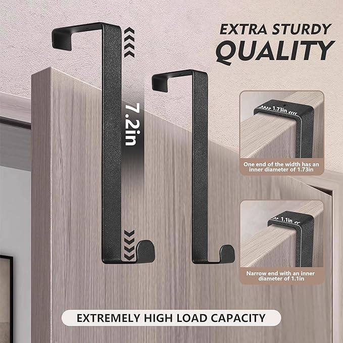 Over The Door Hooks, 2-Pack Heavy Duty Towel Rack Hanger for Bathroom, Bedroom, Dorm Room, Fixed Door Hooks for Hanging Robe, Coat, Towel, Organizer (Black)