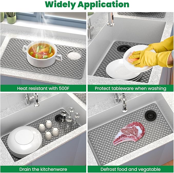TOOVEM Sink Protectors for Kitchen Sink, 28"x 15" Silicone Kitchen Protector Accessory, Non-Slip Heat Resistant Mat for Bottom of Farmhouse Porcelain Stainless Steel with Right and Left Drain, Grey
