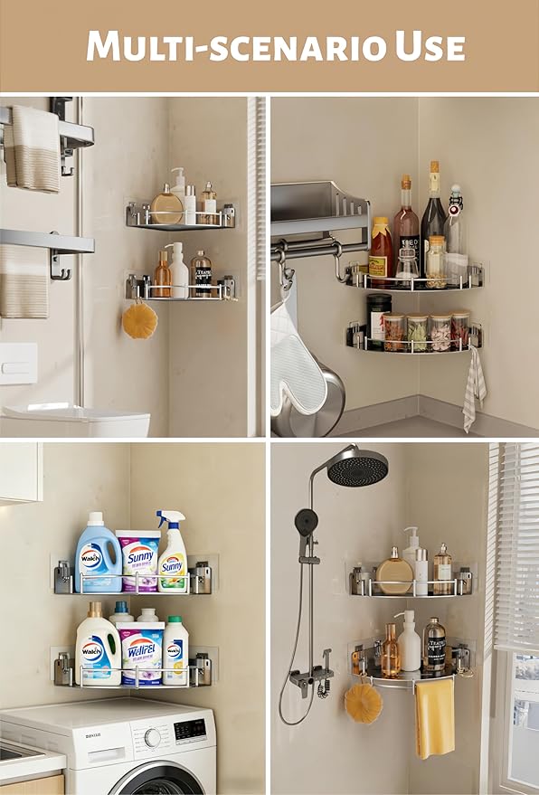 Bathroom Corner Shelf, 304 Stainless Steel, Integrated Molding Shower Caddy, Wall Mounted Bathroom Rack with Nail Free Adhesive, Suit for Storage Racks in Bathroom Kitchen(2 Pack)