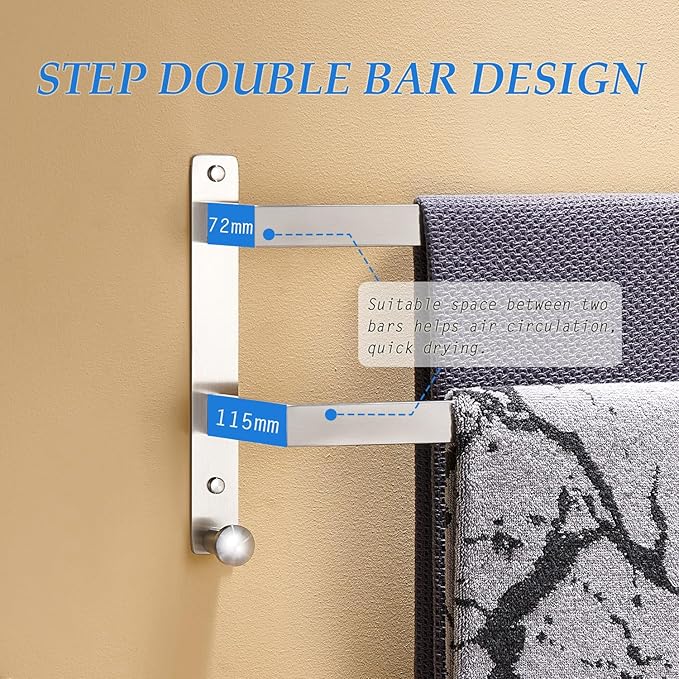 Bath Double Towel Bars with Hooks, 24 Inch Brushed Stainless Steel Towel Rail, Wall Mount Towel Rack for Bathroom Lavatory