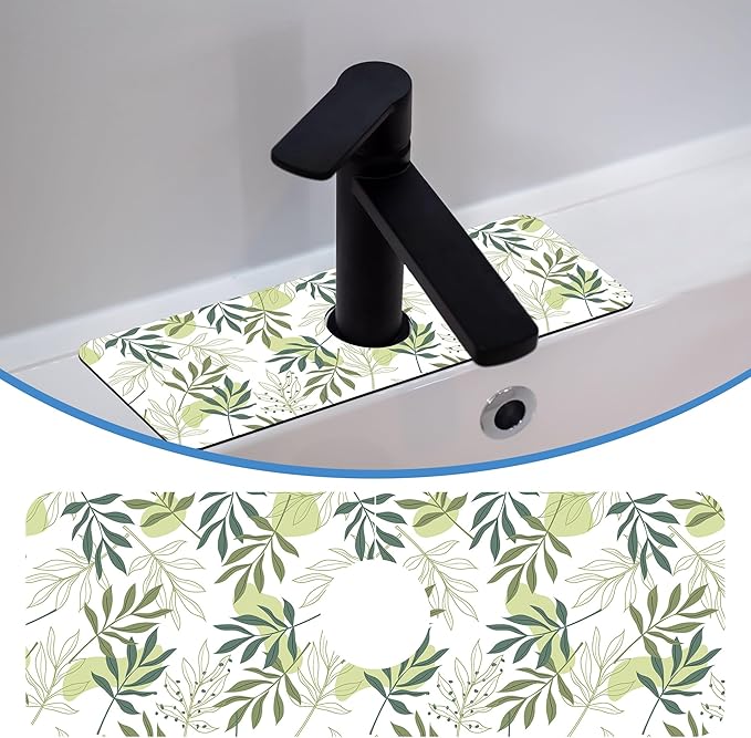 Faucet Mat for Kitchen Sink Artistic Green Leave Branche, Soft Diatom Mud Material, Strong Water Absorption, Non-slip, Easy to Clean for Bathroom, Kitchen 15"X5.5"