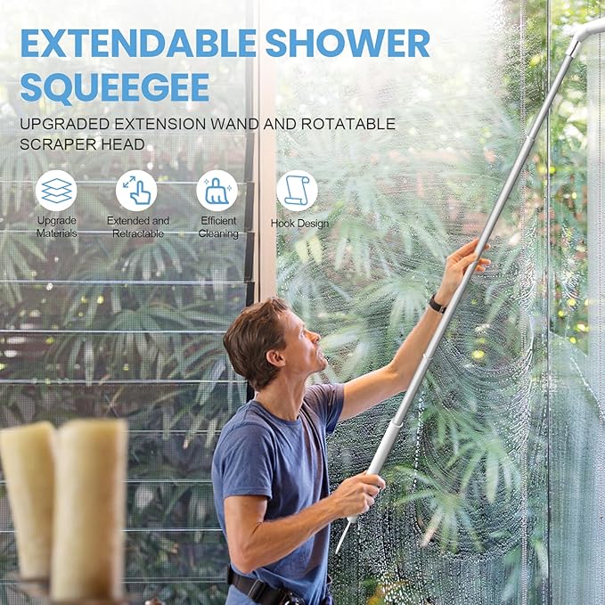 Shower Squeegee Shower for Shower Glass Doors, Squeegee Window Cleaning, 47'' Telescopic Window Washing Kit, Window Cleaning Kit,Professional Window Squeegee, Squeegee Broom Floor (White)