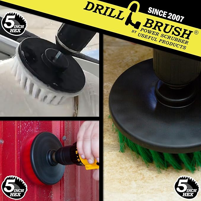 Cleaning Supplies - Drill Brush - 5 Inch Large Spin Brush Kit - Stiff, Medium, and Soft Power Scrubbers - Kitchen Accessories - Clean Stove, Oven Rack, Sink, Baseboard - Algae, Mold, Mildew, and Moss