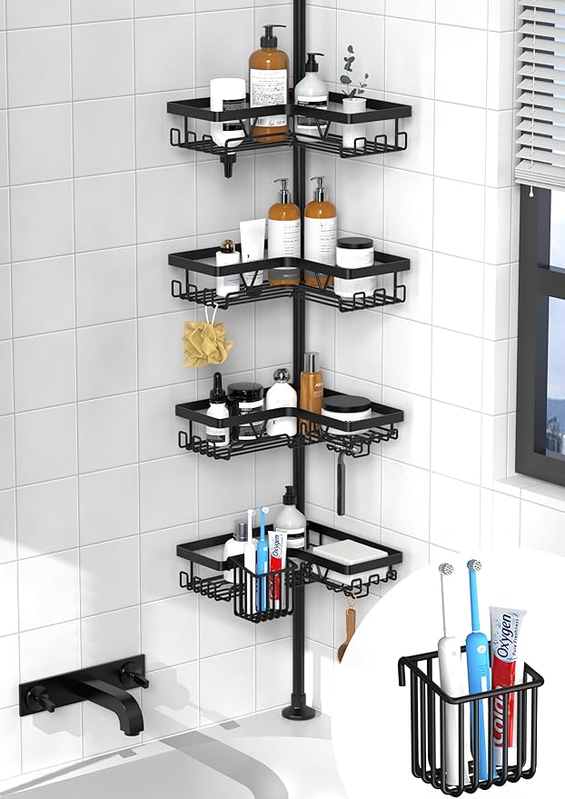 KEGII Corner Shower Caddy Tension Pole, Bathroom Shower Organizer with Toothbrush Holder, No Drilling Bathtub Shelf for Inside Shower, Rustproof Bathroom Tub Organizer, Adjustable 25-114.2 Inch