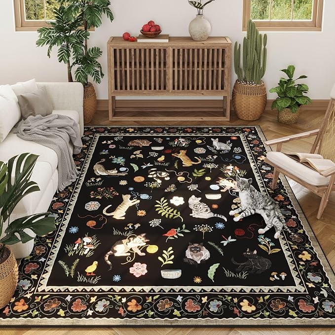 Rugcomf Area Rugs 8x10 Rug for Living Room Clearance Washable Boho Area Rug Non Slip Floral Animal Cat Vintage Low Pile Large Rug for Living Room Bedroom Farmhouse Dining Room Kids Playroom, Black