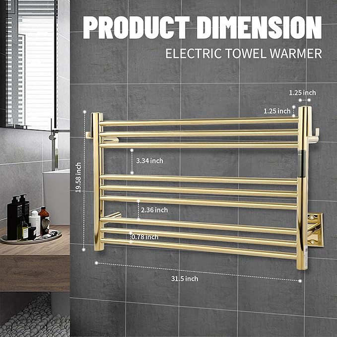 K&KALONZO Towel Warmer for Bathroom, Wall-Mounted 9-Bar Heated Towel Rack with Built-in Timer, Waterproof Electric Towel Heater, Support Plug-in and Hardwired, Polished Gold, EL13M