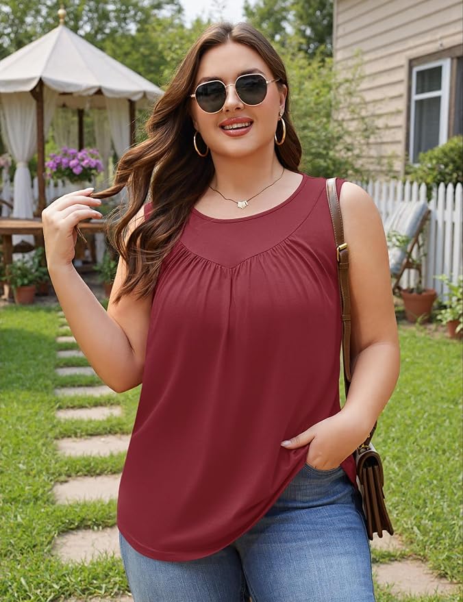 AKEWEI Womens Plus Size Tank Tops Ladies Sleeveless Summer Pleated Tops Oversized Flowy Tunics XL-5XL
