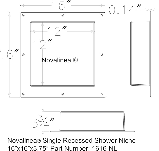 Single Shelf Recessed Shower Niche, Ready to Tile, 16" x 16"