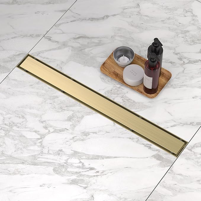 Linear Shower Drain.36 Inch Shower Trench Drain with 2-in-1 Flat Cover & Inser Cover,304 Stainless Rectangle Steel Shower Floor Drain with Hair Strainer and Leveling Feet (Gold, 36 in)
