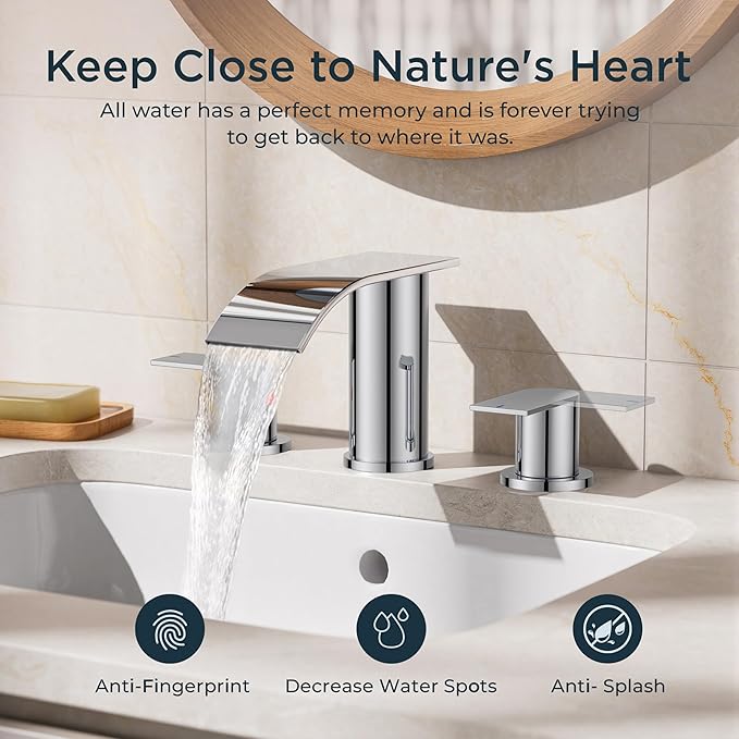 FORIOUS Upgrade Chrome Waterfall Bathroom Faucets 3 Hole, 8 Inch Widespread Modern Bathroom Sink Faucet with Metal Pop-up Drain and Supply Lines, Two Handles for Vanity, Farmhouse, Remodel