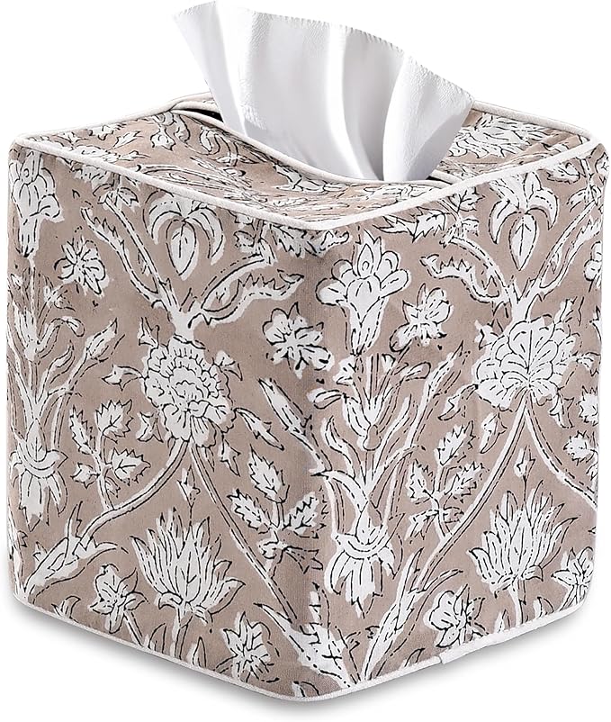 Ridhi Taupe Block Print Tissue Box Cover Handmade Cotton Fabric Decorative Square Napkin Holder for Home Bedroom Living Room Bathroom Vanity Countertop Car Night Stands Office Kitchen