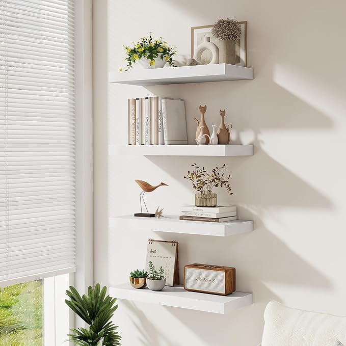 Fun Memories 72 Inch Floating Shelves for Wall 8 Inch Deep White Shelves Set of 2, Wall Mounted Rustic Wood Long Floating Shelf, Large Display & Storage Shelf with Invisible Brackets