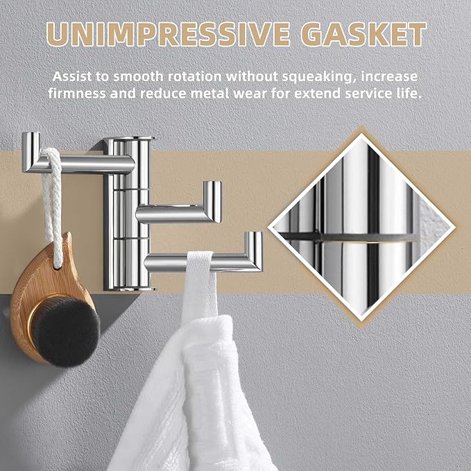 Suyar Bathroom Towel Hook Polished Chrome, SUS 304 Stainless Steel Swivel Robe Hook with 3 Arms, Towel Hanger Wall Mounted