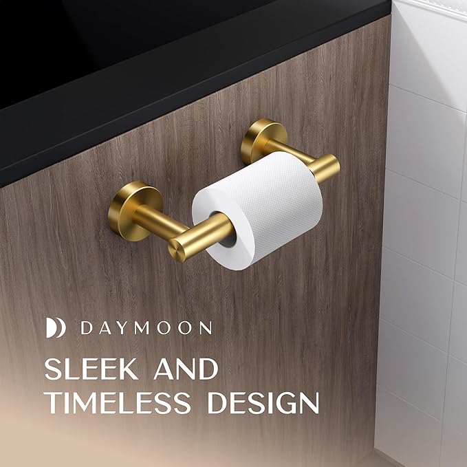 Day Moon Designs Toilet Paper Holder with Shelf - Flushable Wipes Dispenser & Storage Fits Any Bathroom, Keep Your Wet Wipes Hidden - Stainless Steel Wall Mount Bathroom Organizer - Gold, Small