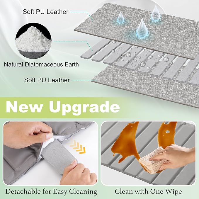 Large Stone Dish Drying Mat for Kitchen Counter, Ultra Absorbent Diatomaceous Earth Mat with PU Leather Cover Stain-resistant Quick Drying, Collapsible Stone Mats for Dishes Cups 23.6"x15.3"