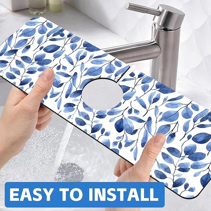 Watercolor Blue Leaves Sink Faucet Absorbing Mat Sink Splash Guard Faucet Mat Draining Mat Fast Drying Sink Protectors for Kitchen and Bathroom 5.5"×15"