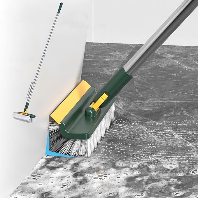 Grout Scrub Brush with 42" Long Handle Double-Sided Floor Scrub Brush V-Shape Grout Cleaner with Squeegee 180° Rotating for Tile Floors, Baseboards, Wall