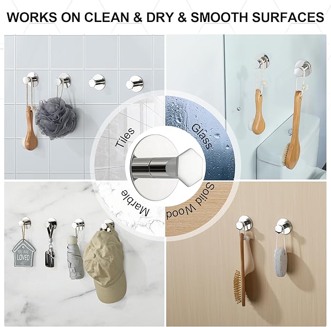 SAYAYO Adhesive Hooks for Hanging Coat, Hat, Robe, Brushes, Stick on Towel Hooks for Bathroom Kitchen, Waterproof SUS304 Stainless Steel Sticky Wall Hooks, No Nails, 4 Pack, Chrome