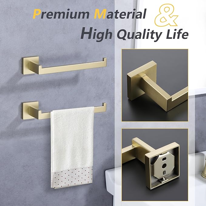 LANC Bathroom Hand Towel Holder Brushed Gold Hand Towel Bar 10 Inche Right Side Square Towel Ring for Kitchen Restroom Wall Mounted Stainless Steel Modern Towel Racks Hanger, A8806BG