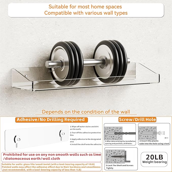 Yieach 4 Pack Clear Shower Shelves for Tile Walls,Adhesive Acrylic Bathroom Shelves Organizer and Storage,No Drill Acrylic Shower Wall Caddy & Shelf,Floating Shelves for Makeup,Perfume,Shampoo Holder