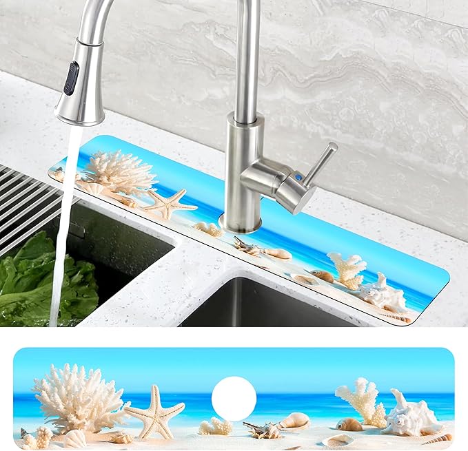 Tropical Beach Seashells Kitchen Sink Splash Guard Absorbent Fast Drying Mat Faucet Draining Mat Behind Faucet Drip Catcher for Kitchen Bathroom 5.5"24"