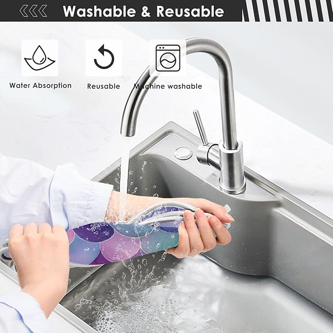 2 PCS Kitchen Sink Splash Guard 14.9 Inch Faucet Mat for Kitchen Sink Bathroom Sink Faucet Absorbing Drip Drain Mat Pad Microfiber Soft Washable Watercolor Mermaid Scales Starfish