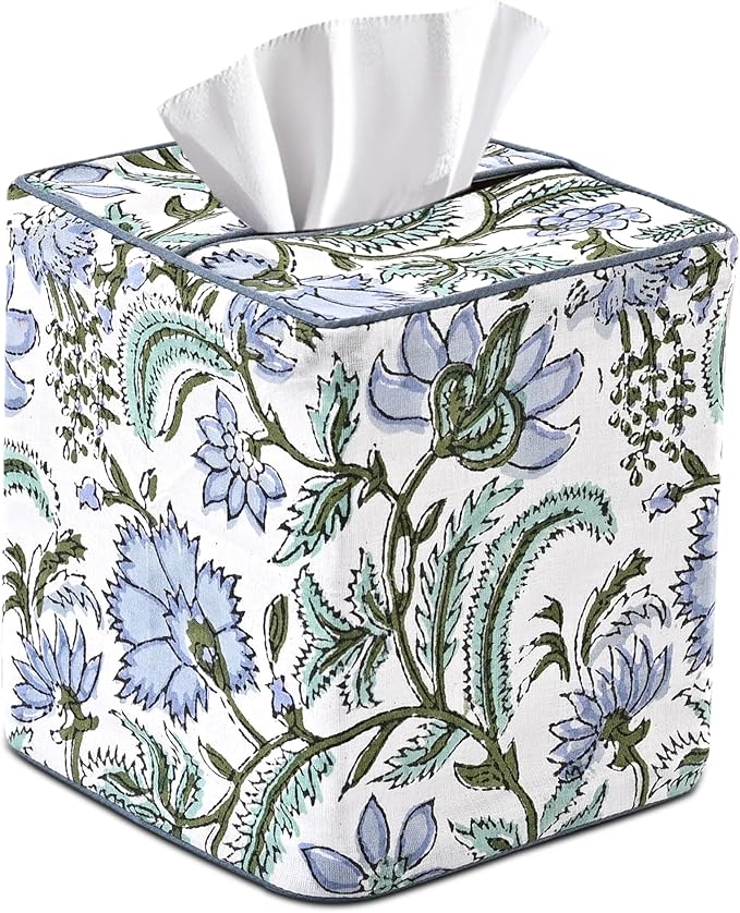 Ridhi Columbia Blue Block Print Tissue Box Cover – Handmade Cotton Fabric Tissue Holder for Home Bedroom Living Room Bathroom Vanity Car Nightstand Office Kitchen – Decorative Square Napkin Holder