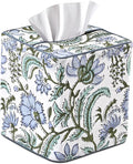 Ridhi Columbia Blue Block Print Tissue Box Cover – Handmade Cotton Fabric Tissue Holder for Home Bedroom Living Room Bathroom Vanity Car Nightstand Office Kitchen – Decorative Square Napkin Holder