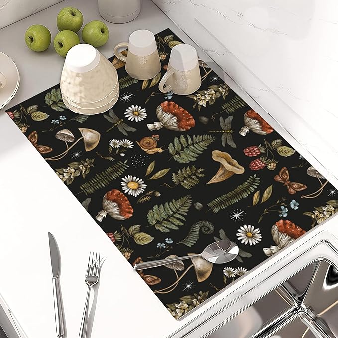 Large Dish Drying Mat for Kitchen Counter,18"X24" Amanita Mushroom and Forest Plants Absorbent Reversible Microfiber Dish Drying Mat Dish Drainer Mat Drying Pad for Kitchen Countertop Coffee Bar