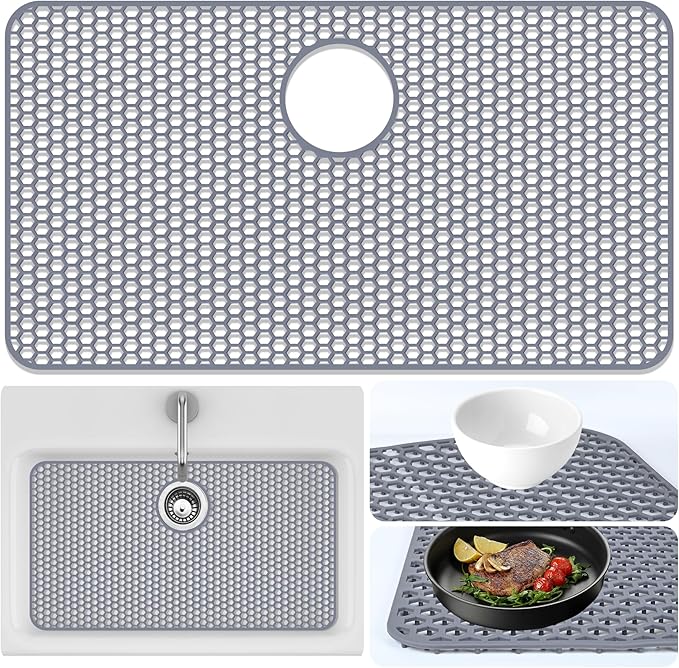 Sink Protectors Mat - 28.3"x15.55" Kitchen Sink Pad for Bottom of Basin for Protection of Stainless Steel and Tableware, Farmhouse Rubber Basin Mat Protector with Rear Drain - Light Gray