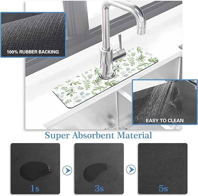 Faucet Mat Splash Guard Sage Green, Soft Diatom Mud Material, Strong Water Absorption, Non-slip,Easy to Clean for Bathroom, Kitchen 15"X5.5"