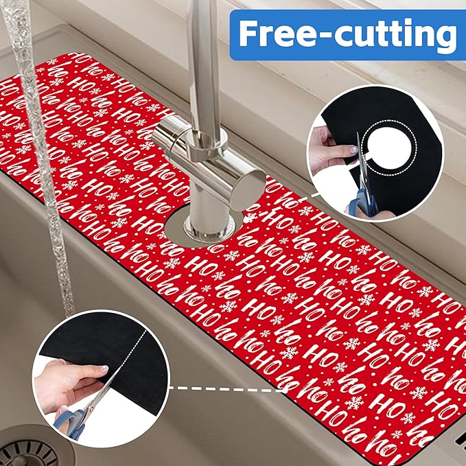 Christmas Hohoho Kitchen Sink Splash Guard Mat - Santa Claus Laugh Faucet Protector, Fast Drying Draining Mat for Kitchen and Bathroom 5.5"24"