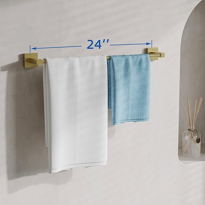 RUACQ Gold Towel Bar 24 inch, 304 Stainless Steel Towel Racks for Bathroom Wall Mounted, Heavy Duty Bath Towel Rod with Square Base（Brushed Gold）