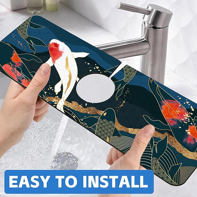 Oriental Japanese Koi Fish Sink Faucet Absorbing Mat Sink Splash Guard Faucet Mat Draining Mat Fast Drying Sink Protectors for Kitchen and Bathroom 5.5"×15"
