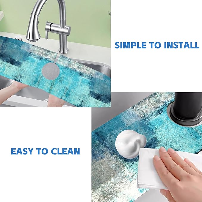 Kitchen Sink Splash Guard Faucet Mat Abstract Teal and Grey Geometric Absorbent Fast Drying Mat Faucet Draining Mat Sink Splash Guard Behind Faucet Drip Catcher for Kitchen Bathroom 24" X 5.5"
