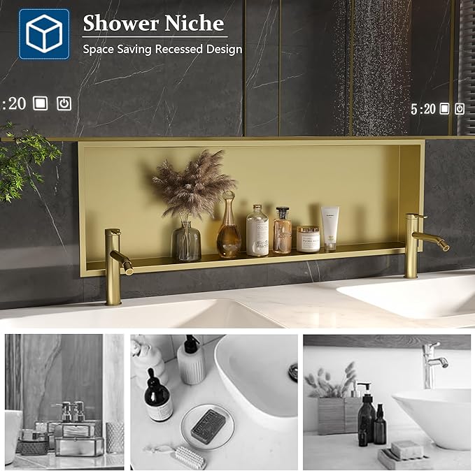 Neodrain Gold Shower Niche 36"x12", Stainless Steel NO Tile Needed Recessed Wall Niche for Bathroom Storage