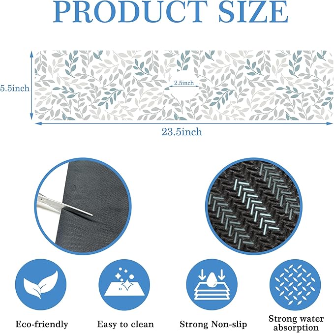 Grey Blue Leave Branche Faucet Mat for Kitchen Sink Botanical Flower, Soft Diatom Mud Material, Strong Water Absorption, Non-slip, Easy to Clean for Bathroom, Kitchen 23.5"X5.5"
