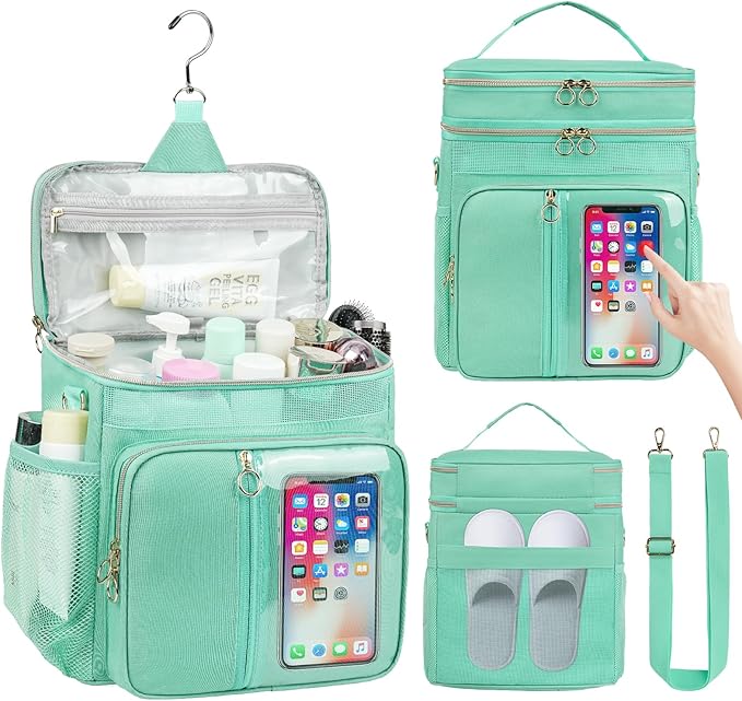 Portable Shower Caddy College Dorm Essentials, Large Toiletry Bag for Women Men, 2 Layers Quickly Dry Mesh Bathroom Tote Bag, Hanging Makeup Organizer Bag for Travel, Gym, Camping (Mint Green)