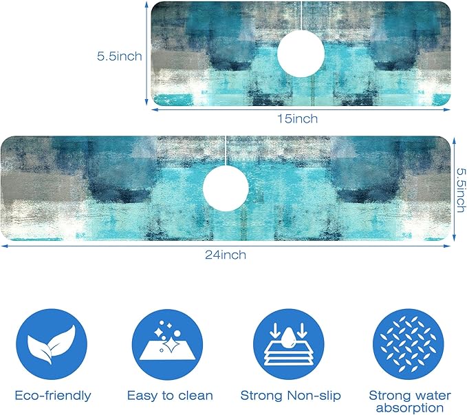 Abstract Teal and Grey Geometric Dish Drying Mat for Kitchen Sink Splash Guard Behind Faucet Sink Mat Absorbent Fast Drying Faucet Draining Mat for Bathroom Kitchen 5.5"×15"