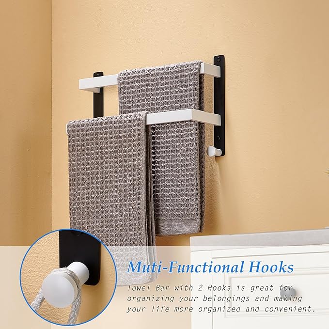 Bath Double Towel Bars with Hooks, 16 Inch Stainless Steel Towel Rail, Wall Mount Towel Rack for Bathroom Lavatory, White & Black