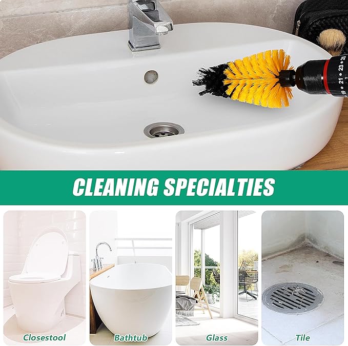 2 Piece Scrub Brush for Drill Bathroom Cleaning Tools Corner Cleaning Brush Drill Brush Attachment Carwash Brush, Drill Scrubber Brush Kit Detailing Brushes for Home Kitchen Grout Tile(Yellow)