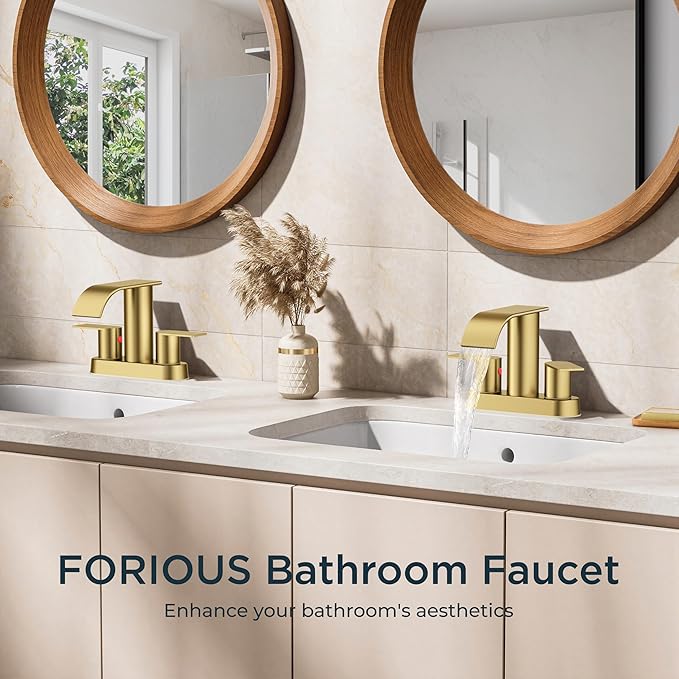 FORIOUS Brushed Gold Bathroom Sink Faucet, Waterfall 4 Inch Centerset Bathroom Faucets with Metal Pop up Drain and cUPC Hose for Basin, Vanity, RV, Lavatory 2 or 3 Hole Sink