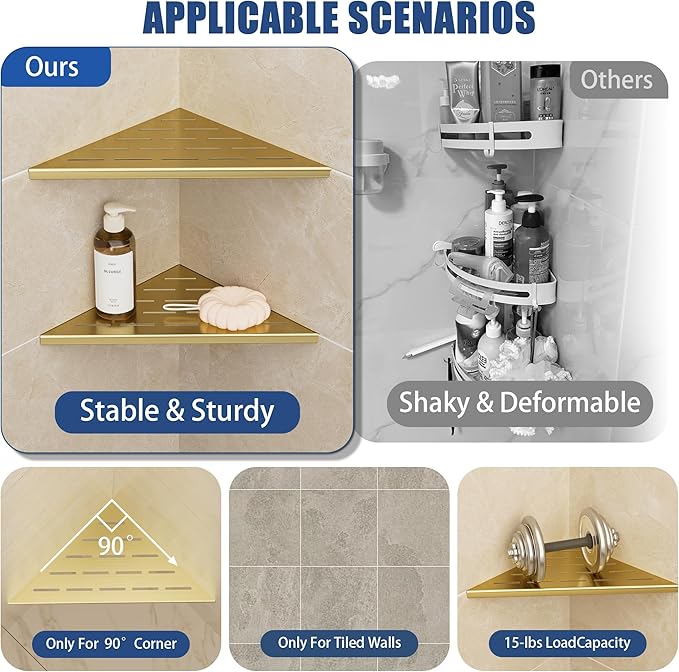 Neodrain 10 Inch Golden Corner Shower Shelves,Set of 2, Gold Corner Shelf for Tile Wall Insert, 304 Stainless Steel Shower Storage Shelves for Bathroom,No Drilling