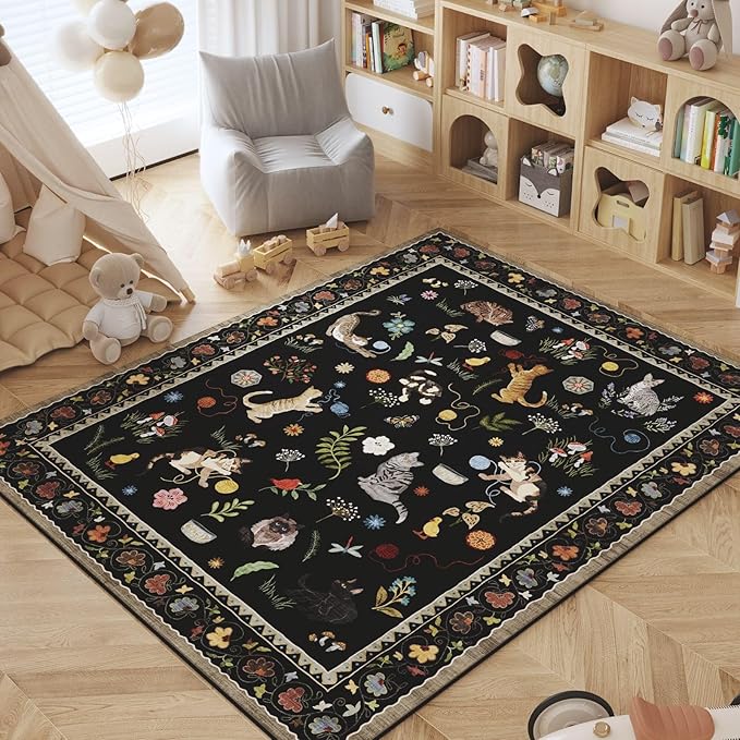 Rugcomf Area Rugs 8x10 Rug for Living Room Clearance Washable Boho Area Rug Non Slip Floral Animal Cat Vintage Low Pile Large Rug for Living Room Bedroom Farmhouse Dining Room Kids Playroom, Black