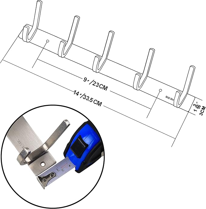 WEBI C-CBG05 Heavy Duty SUS 304 Hook Rail Coat Rack, 5 Hooks, Great Home Storage & Organization for Bedroom, Bathroom, Foyer, Hallway, Brushed Finish