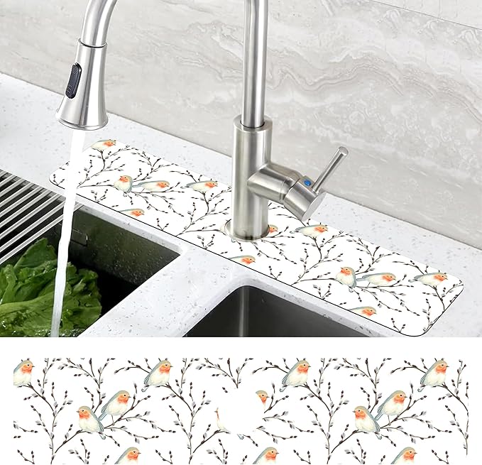 Willow Branches and Robin Dish Drying Mat for Kitchen Sink Splash Guard Behind Faucet Sink Mat Absorbent Fast Drying Faucet Draining Mat for Bathroom Kitchen 5.5"×24"